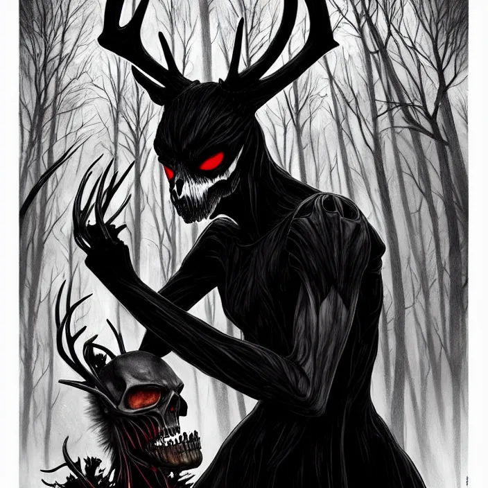Image similar to style artgerm, joshua middleton, diego fazio, rafael albuquerque : : scary wendigo with antlers and skull face mixed with werewolf : : [ [ beautiful witch wearing a black dress, symmetrical face, on the right side ] ] : : in the forest, detailed, dark and foggy, cinematic lighting