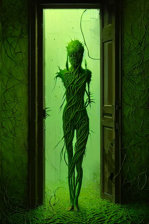 Prompt: detailed painting of person made of green vines opening a door, plants, horror, gritty, elegant, luxury, by ismail inceoglu dragan bibin hans thoma greg rutkowski alexandros pyromallis nekro rene maritte illustrated, perfect face, fine details, realistic shaded