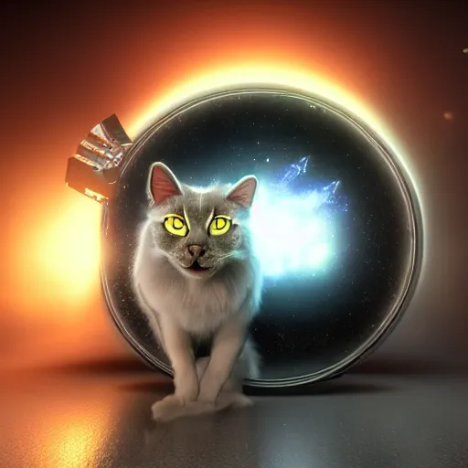 Image similar to space cat opens portal to another dimension, stars, octane render, cinematic lighting, dynamic, high detail, artstation, silver highlights