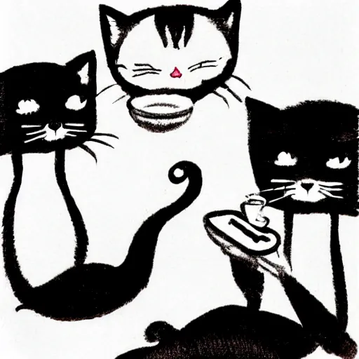 Prompt: cats drinking cups of coffee, in the style of Japanese illustration, Maurice Sendak, Tove Jansson