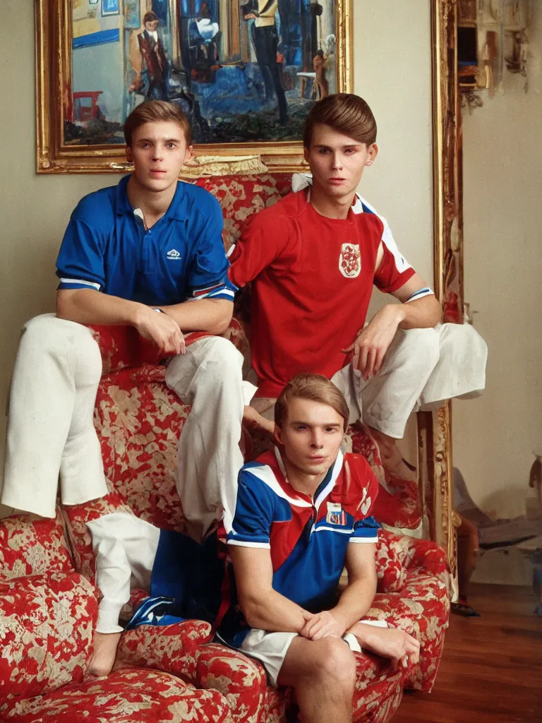 Prompt: olympic russian athlete young man posing in his living room, his grandparents are sitting on the coach behind him, kodachrome photograph by Russian painter master, oil on canvas, 1987.