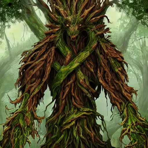 Image similar to giant green old treant creature, treant made of leaves and roots, old treant, old humanoid ents, epic fantasy style, green theme, forest background, hearthstone artwork