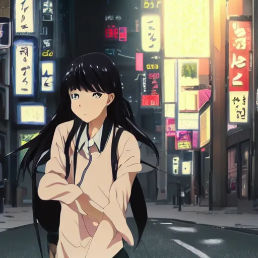 Image similar to anime visual, girl turning her head facing the camera and her long, black hair flinging, at night in the streets of tokyo, shinkai makoto, your name, weather with you, 5 centimeter per second, key visual