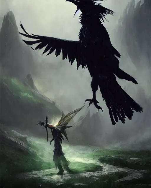 Image similar to oil painting of a Anthropomorphized raven shaman fusing with dragon, sharp focus, heroic pose, fantasy style, octane render, volumetric lighting, 8k high definition, by greg rutkowski, highly detailed, trending on art Station, magic the gathering artwork, Woodland background, centered