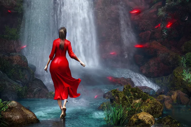 Image similar to a woman in a red dress is standing under the waterfall, post apocalypse, green everywhere, 4k, ultra details, cinematic, epic style, beautiful photo, hyper realistic, octane render, unreal engine, award winning, on artstation, volumetric lightning, masterpiece, golden hour,