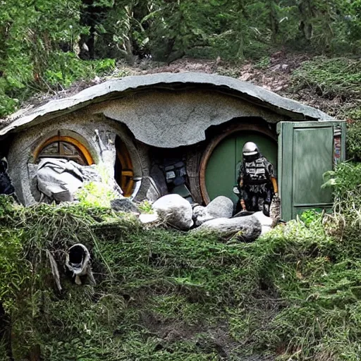 Prompt: swat team raid on a hobbit hole in the shire