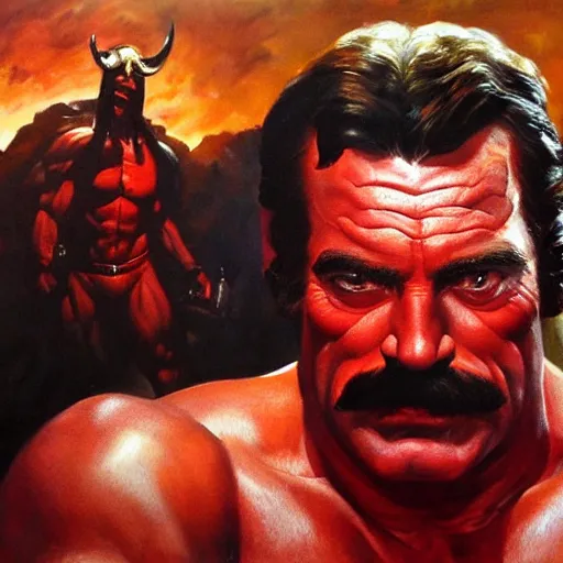 Image similar to ultra realistic portrait painting of tom selleck as hellboy, art by frank frazetta, 4 k, ultra realistic, highly detailed, epic lighting