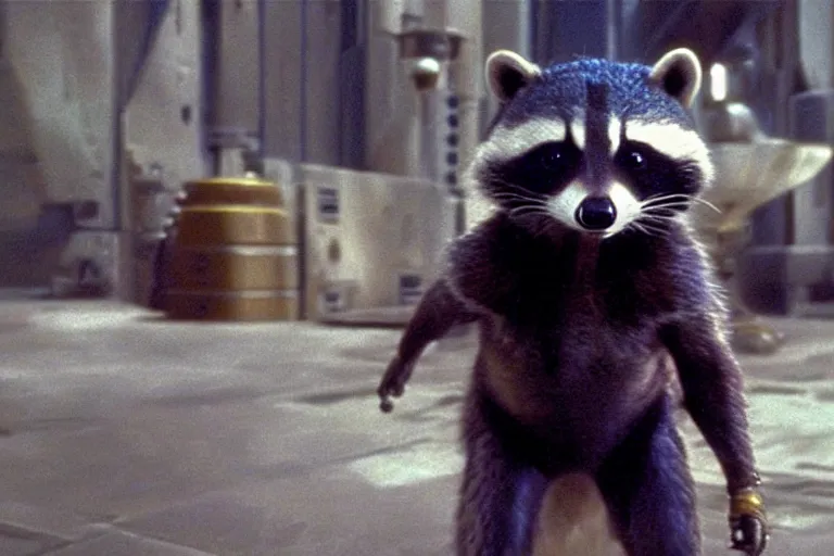 Image similar to marvel rocket racoon wearing a cyberpunk suit, in a still of the movie star wars episode one the phantom menace ( 1 9 9 9 )