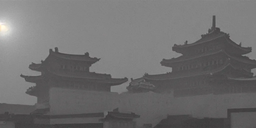 Prompt: light coming out of one bull - like kaiju starfish monster, korean film noir, korean traditional palace, pyongyang city, 1 9 6 0 s, red color bleed, 4 k, video compression, video glitch, monochrome, akira kurosawa, mamoru oshii, wes anderson, stanley kubrick