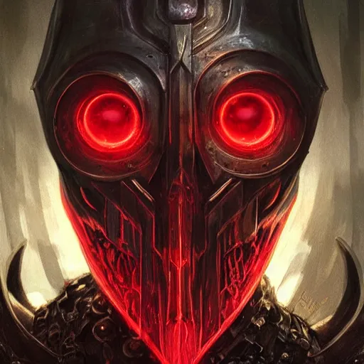 Prompt: futuristic dark souls knight with red glowing eyes as an eldritch realistic fantasy character, closeup portrait art by donato giancola and greg rutkowski, vintage retro, realistic face, digital art, trending on artstation, eldritch skull helmet, symmetry!!