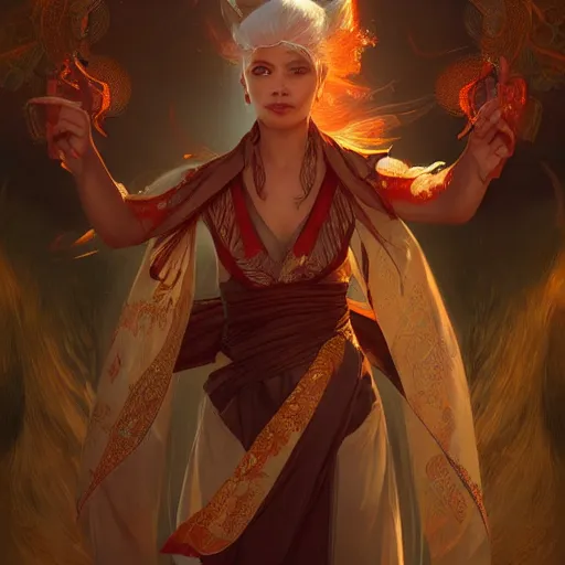 Image similar to Asian female fire elemental, lifelike, portrait, highly detailed, digital painting, artstation, concept art, sharp focus, illustration, cinematic lighting, art by artgerm and greg rutkowski and alphonse mucha