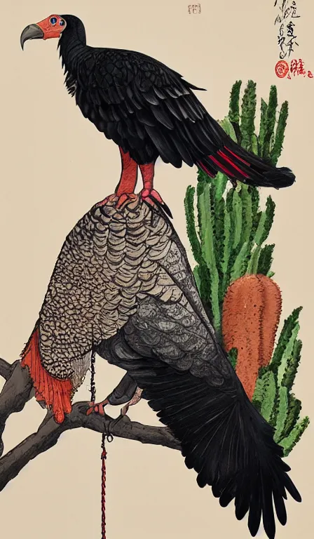 Image similar to turkey vulture sitting on cactus by Shen Quan, hanging scroll, ink and colours on silk