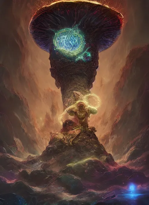 Prompt: enormous mushroom deity of the stars resides inside void manifold, portrait by ross tran, timeline nexus, ascending universes, a dnd illustration of esoteric concept by cgsociety and james gurney, artstation, hdr, rtx