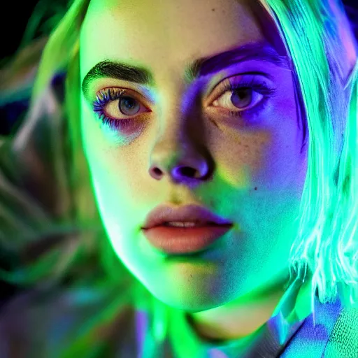 Image similar to beautiful portrait of amazing billie eilish in the street, explosion of neon lights, close up, 5 0 mm lens, model photography derailed realistic