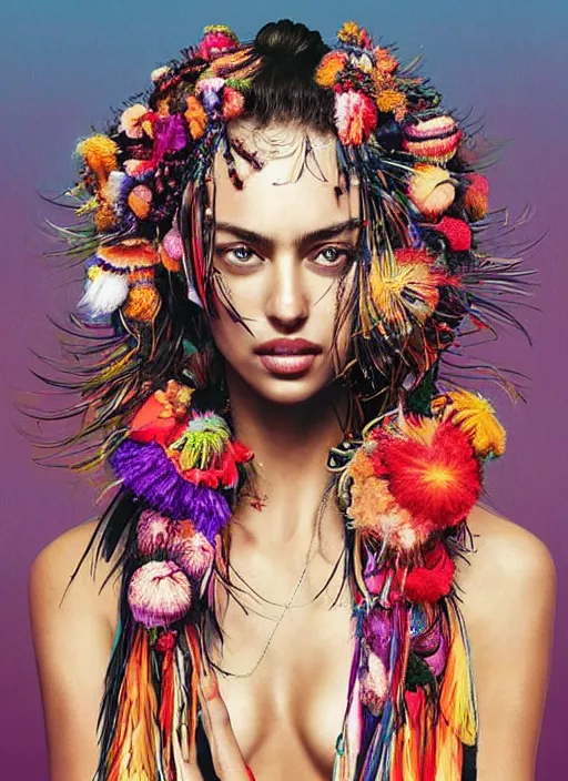 Image similar to beautiful portrait of Irina Shayk wearing fantastic Hand-dyed cotton dress, embellished beaded feather decorative fringe knots ,colorful pigtail,subtropical flowers and plants,summer,dramatic lighting,symmetrical face,intricate,elegant,highly detailed,8k,post-processing,digital painting,trending on pinterest, GUCCI,PRADA,concept art, sharp focus, illustration, by artgerm,Tom Bagshaw,Lawrence Alma-Tadema,greg rutkowski,alphonse Mucha