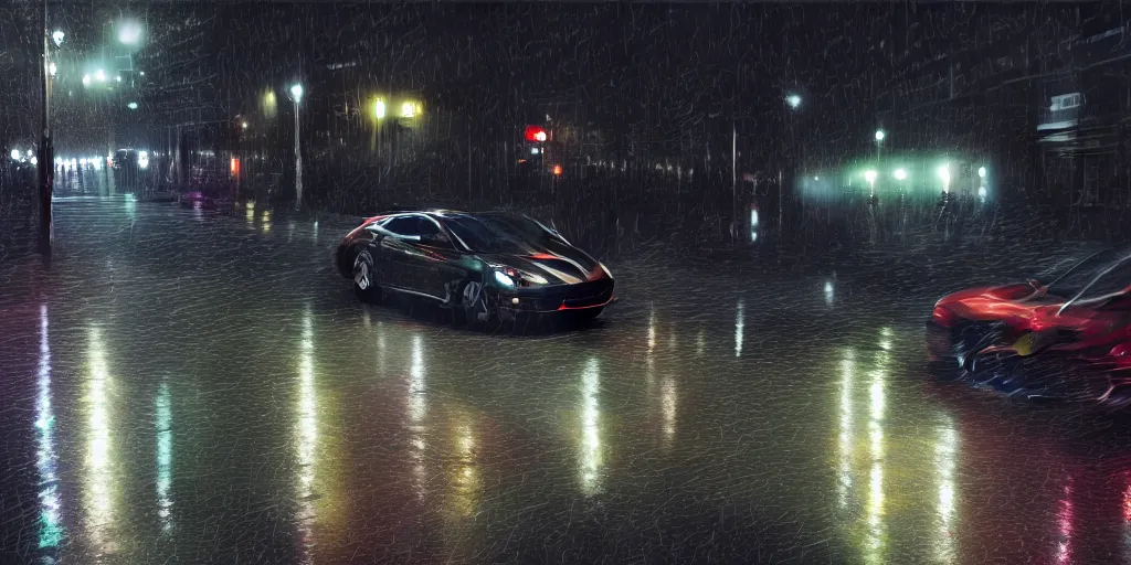 Prompt: full view of a sport car, on wet street at night, painted in dark color holographic pearlescent, almost ghosty-like, elegant, digital painting, concept art, smooth, sharp focus, art style from Wang Ke and Greg Rutkowski and Bruce Kaiser and Scott Robertson and Dmitry Mazurkevich and Doruk Erdem and Jon Sibal, small style cue from Mad Max