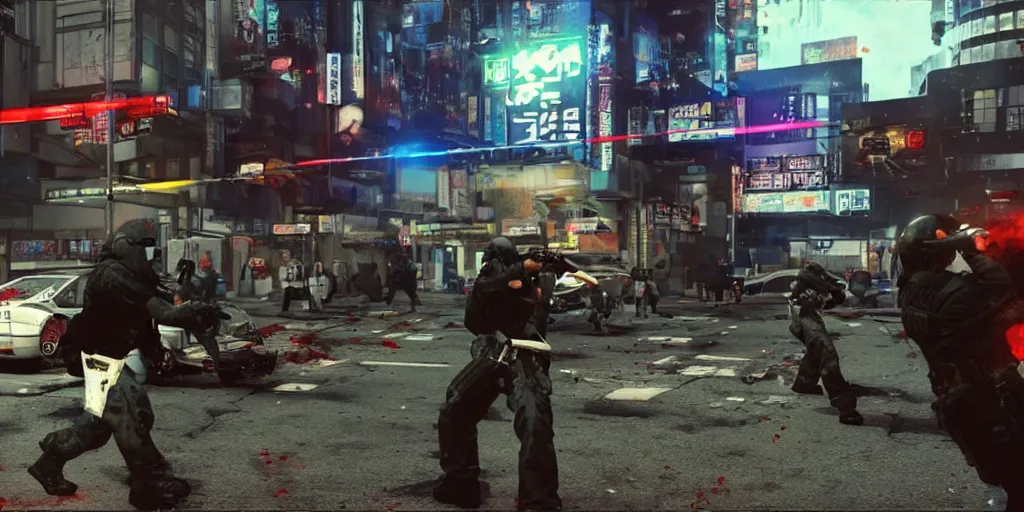 Image similar to 2001 Video Game Screenshot, Anime Neo-tokyo Cyborg bank robbers vs police, Set in Cyberpunk Bank Lobby, bags of money, Multiplayer set-piece :9, Police officers hit by bullets, Police Calling for back up, Bullet Holes and Blood Splatter, :6 ,Hostages, Smoke Grenades, Riot Shields, Large Caliber Sniper Fire, Chaos, Cyberpunk, Money, Anime Bullet VFX, Machine Gun Fire, Violent Gun Action, Shootout, Escape From Tarkov, Intruder, Payday 2, Highly Detailed, 8k :7 by Katsuhiro Otomo + Sanaril : 8