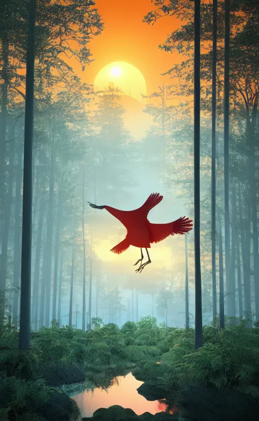 Prompt: cinema 4d, a huge japanese crane bird is chilling above a lake in the middle of a forest of japanese pines, a big red sun in the background, front game card, realistic rendering, trending on behance, concept art, stunning, volumetric lights