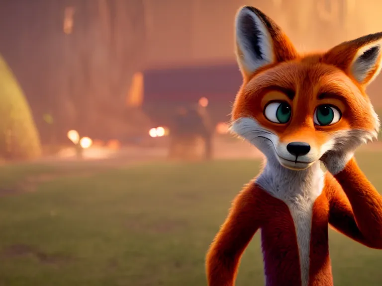 Prompt: a film still from zootopia main character portrait anthro anthropomorphic fox head animal person fursona nick wilde pixar and disney animation, sharp, rendered in unreal engine 5, anime key art by greg rutkowski, bloom, dramatic lighting chaotic cursed multiple pupils texture disaster bad modeling beginner render