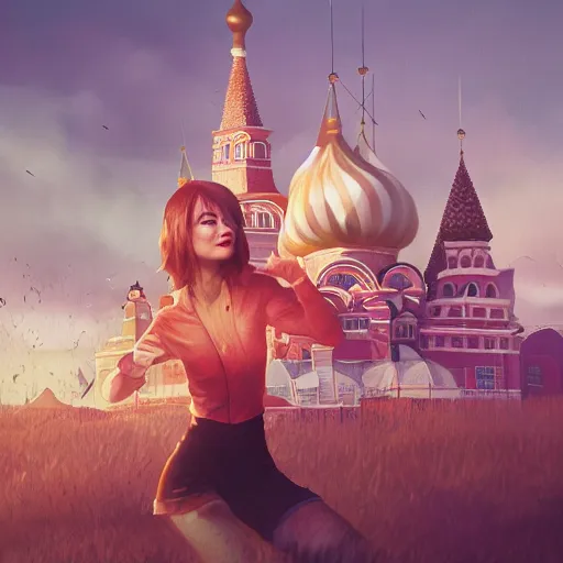 Prompt: emma stone in russian village, max masnyy, jakub gazmercik, beeple, patrick faulwetter, heavenlydaemonic, trending on artstation