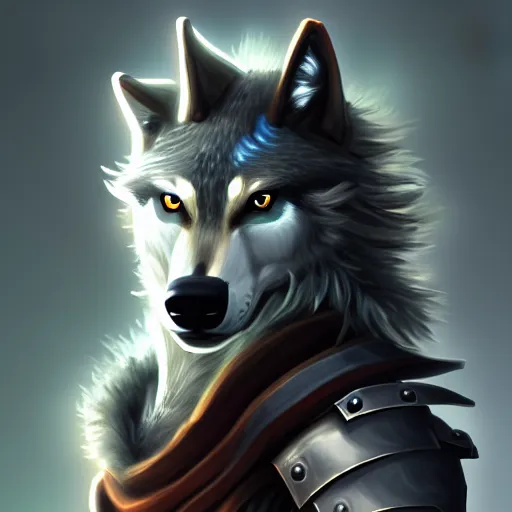 Image similar to half length portrait of an anthropomorphic wolf knight character, epic dramatic digital painting, trending on artstation