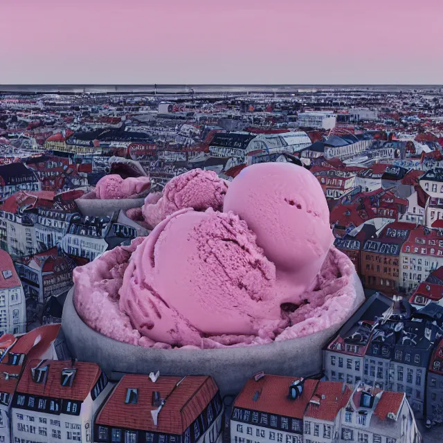 Image similar to copenhagen denmark on an ice cream mountain, pink ice cream mountain in the distance, cinematic, volumetric, realistic, cinematic lighting, ray tracing, unreal engine 5, octane render, hyper realistic, photo, 8 k