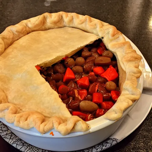 Image similar to a set of false teeth eating a pot pie, hyper realistic, photography, 3 5 mm