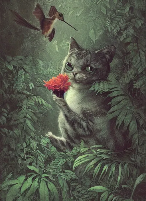 Image similar to a hyper realistic illustrated cat with playing with a hummingbird on its paw in the woods gorgeous lighting, lush forest foliage painting by chiara bautista and beksinski and norman rockwell and greg rutkowski weta studio, and lucasfilm