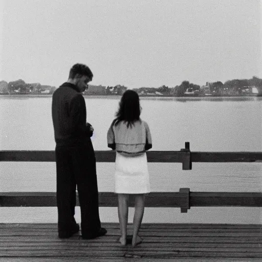 Image similar to A beautiful photograph of a man and a woman are standing on a dock, looking out at a body of water. The woman has her hand on the man's shoulder, and they appear to be deep in conversation. The colors in the photograph are muted, and the scene has a calming feeling. quartz by Ludwig Mies van der Rohe detailed, lines