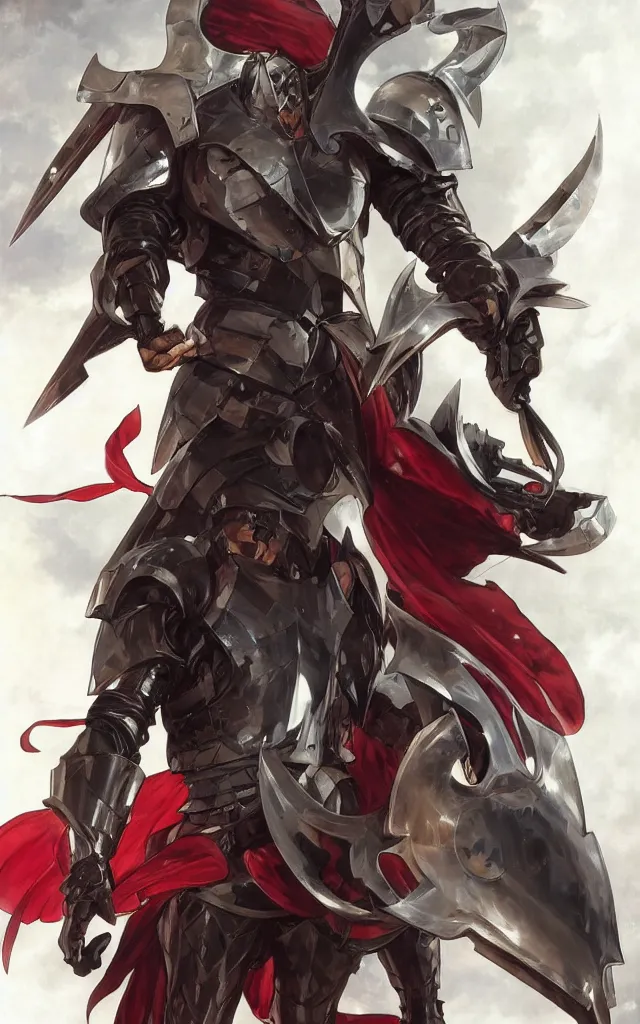 Image similar to Knight with black greatsword and black plate armour, one-eyed, emitting evil red aura, armor merging with body, full body shot, anime style, 90's modern art, art by artgerm and greg rutkowski and alphonse mucha