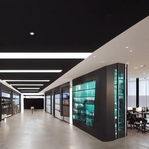 Prompt: interior photography of a Microsoft Samsung flagship store, black walls, wood, polished concrete, spotlights, verdant plant wall, white neon wash, award winning interior design, patterns and textures, retaildesignblog, dezeen, 14mm, 8k, cinestill, pentax, film