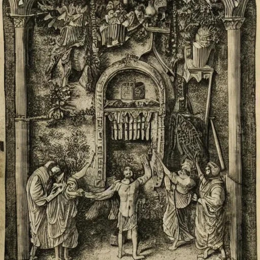 Image similar to a overhead view of a man in castle in the jungle getting praised and fanned by angels with fruits, etching, detailed, golden furniture, nuremberg chronicle,