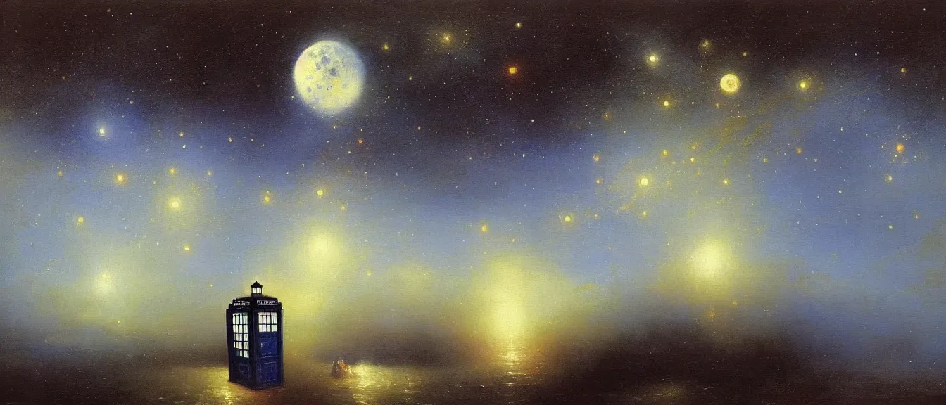 Prompt: A beautiful painting of TARDIS from Doctor Who flying in night in milky way with one moon and star light by Ivan Konstantinovich Aivazovsky, blue color scheme