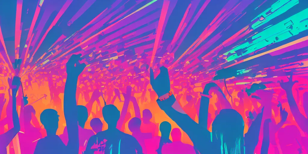 Image similar to rapping into microphone, silhouette, huge crowd, outrun, psychedelic hip hop, simple shapes, trending on Artstation, professional artist, detailed, 4k