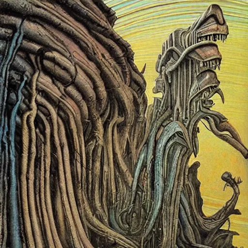 Prompt: painting of a landscape by h. r. giger and dr seuss | horror themed | creepy