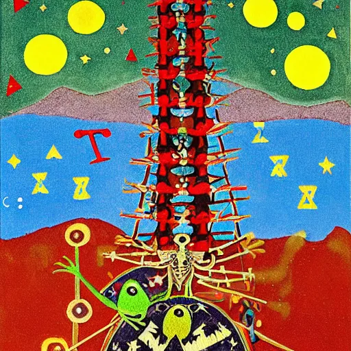 Image similar to pixel decollage painting tarot lovers card composition tower of babel road red armor maggot bear and wonky alien frog skeleton knight on a horse in a dark red cloudy night sky with golden foil jewish stars, occult symbols and diamonds, mountain lake and blossoming field in background, painted by Mark Rothko, Helen Frankenthaler, Danny Fox and Hilma af Klint, pixelated, neo expressionism, semi naive, pastel colors, cinematic, color field painting, cave painting, voxel, pop art look, outsider art, minimalistic. Bill Traylor painting, part by Philip Guston and Francis Bacon. art by Adrian Ghenie, very coherent symmetrical artwork, cinematic, hyper realism, high detail, octane render, unreal engine, Smooth gradients, depth of field, full body character drawing, extremely detailed, 8k, extreme detail, intricate detail, masterpiece