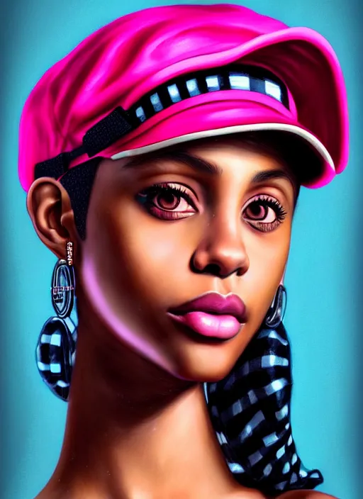 Image similar to portrait of teenage vanessa morgan with bright pink hair, black girl, vanessa morgan, curly pixie cut hair, wearing newsboy cap, newsboy cap, hoop earrings, intricate, elegant, glowing lights, highly detailed, digital painting, artstation, concept art, smooth, sharp focus, illustration, art by wlop, mars ravelo and greg rutkowski