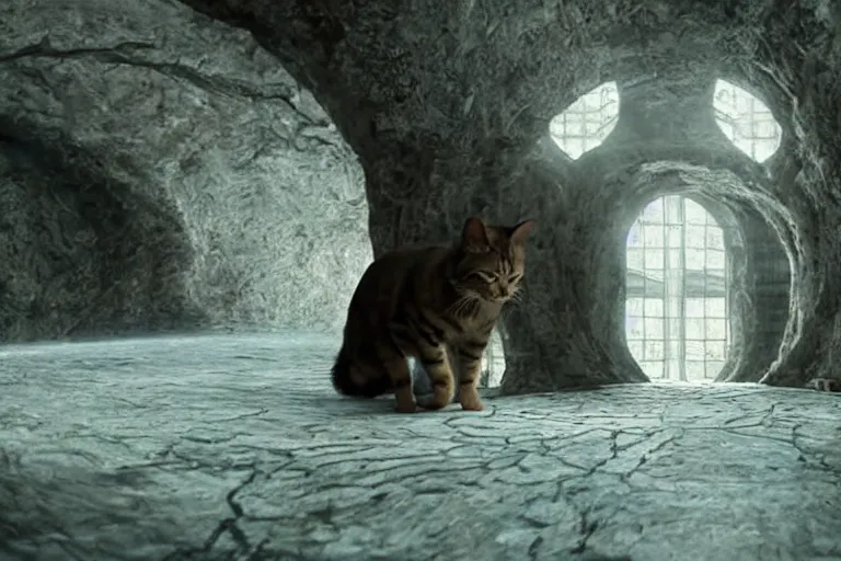 Prompt: futuristic VFX movie of a cat walking through a wizards magic underground lair,natural lighting by Emmanuel Lubezki