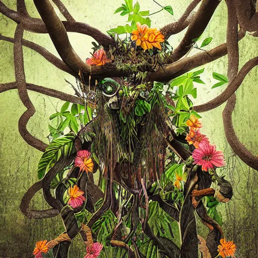 Image similar to jungle photograph of a creature with many vine limbs and a blooming flower head with teeth