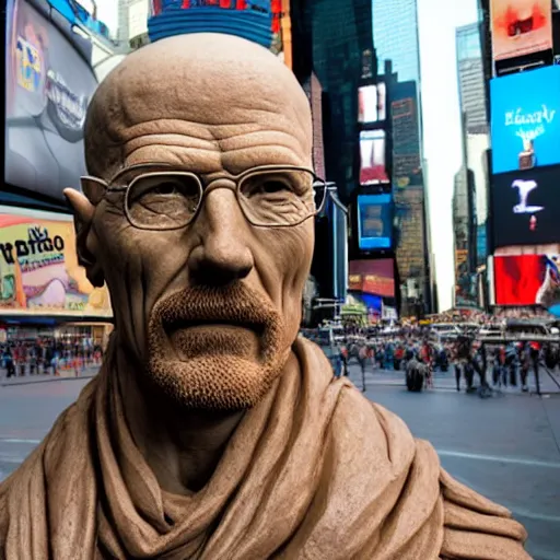 Prompt: extreme long - shot photograph of a renaissance clay sculpture of walter white wearing a phrygian cap in times square, made by michelangelo, very detailed, sharp focus, 8 k resolution, ray tracing