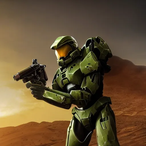 Image similar to master chief on a desert planet. epic image. action pose. explosions. sunrise