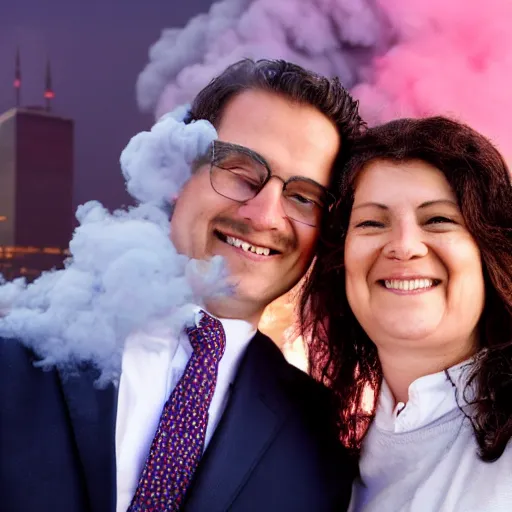 Image similar to a close up of a smiling couple of parents to be, in front of 9 / 1 1 with pink smoke, award winning