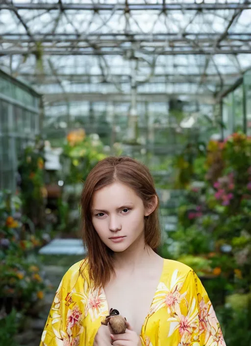 Image similar to portrait photograph of beautiful!!!! young female model, symmetric face!, symmetric eyes, slight smile, natural light, wearing a yellow kimono with a very detailed barn owl! on her shoulder in a tropical greenhouse. looking at the camera!!. super resolution. Extremely detailed. Graflex camera!, bokeh!!!!!.