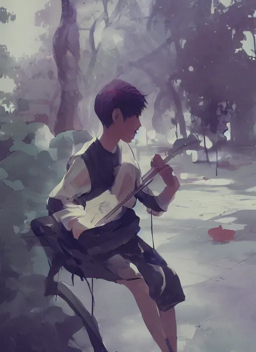 Image similar to semi reallistic gouache gesture painting, by miura kentaro, by ruan jia, by Conrad roset, by dofus online artists, detailed anime 3d portrait a boy playing music on a park, cgsociety, artstation, rococo mechanical, Digital reality, realistical, dieselpunk atmosphere, gesture drawn