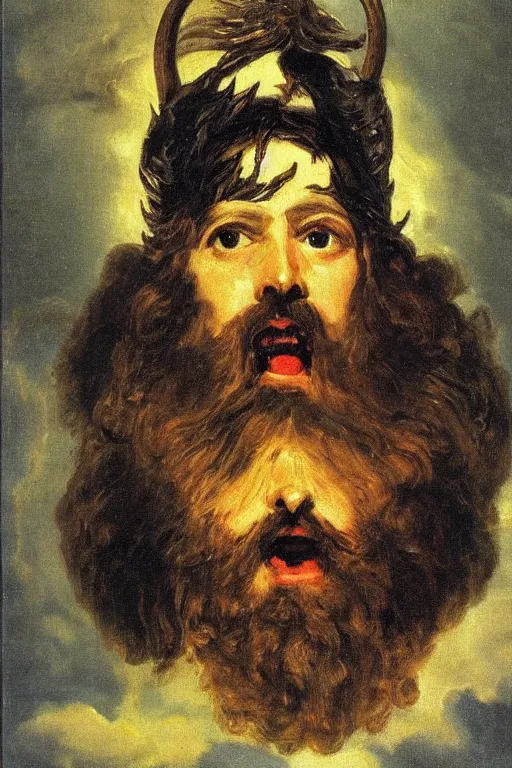 Prompt: goya oil painting thor god of thunder portrait, huge beard, winged helmet