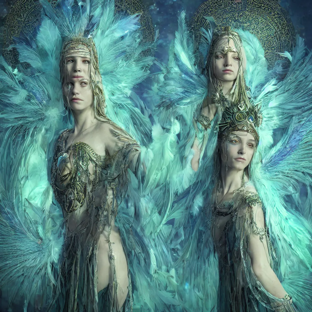 Image similar to wiccan high priestess with angelic face, super fine details and intricate jewellery with feathers and crystals, ethereal, in deep clear emerald water, divine realm of gods, solarpunk realistic cinematic style, high contrast filmed in 7 0 mm, volumetric lighting, octane render, concept art, leonardo davinci, unreal engine, greg rutkowski, zbrush, 8 k