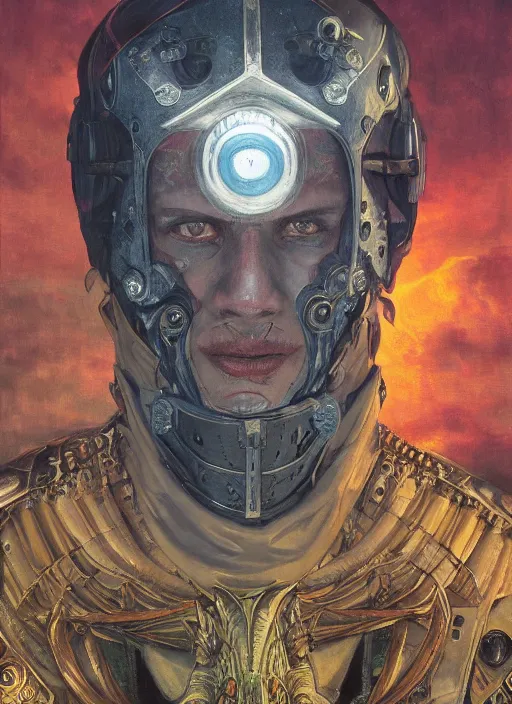 Image similar to symmetry! middle closeup chamber portrait of a biblical diabolical pirate!! girl! stylish cyborg armor, heavy eyes to the side, closeup, bright glowing eyes, in clouds, rain, sunset, by gerald brom, by mikhail vrubel, by peter elson, muted colors, extreme detail, mirrors, trending on artstation, 8 k