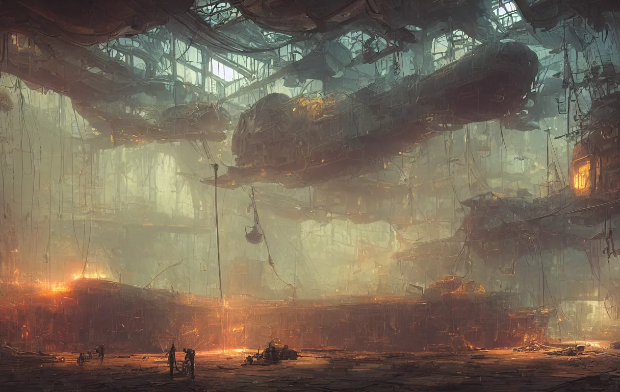 Prompt: colorful moody interior, floating steampunk airship moored inside, glowing windows, vast decaying hangar, gloom, powerful god rays, blinking control panels, concept art, ian mcque, sergey vasnev, simon stalenhag, jake parker, torn roof, overgrown with vegetation, welding sparks, water dripping