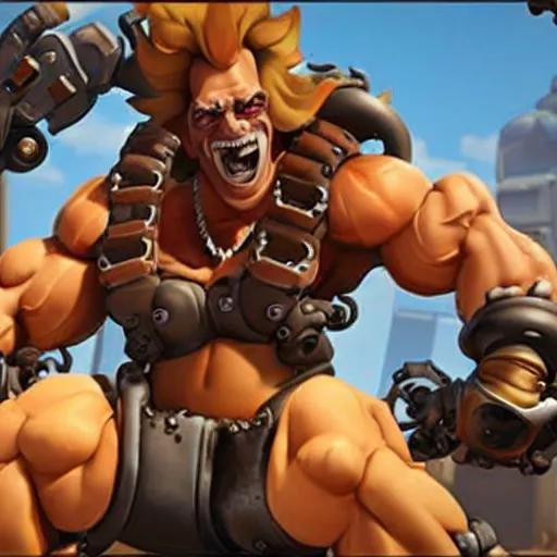 Image similar to a screenshot of junkrat arnold schwarzenegger as junkrat in overwatch