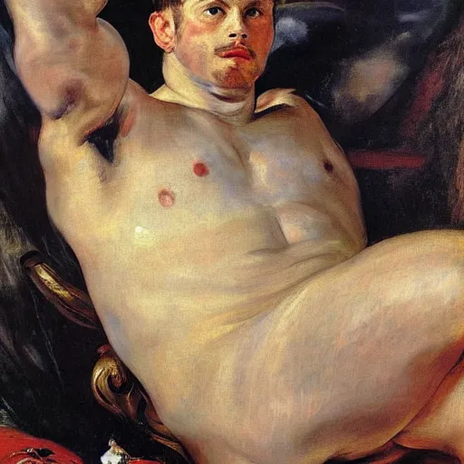 Prompt: russian young muscular athlete man posing in his living room, 1987, Peter Paul Rubens, manet, renoir